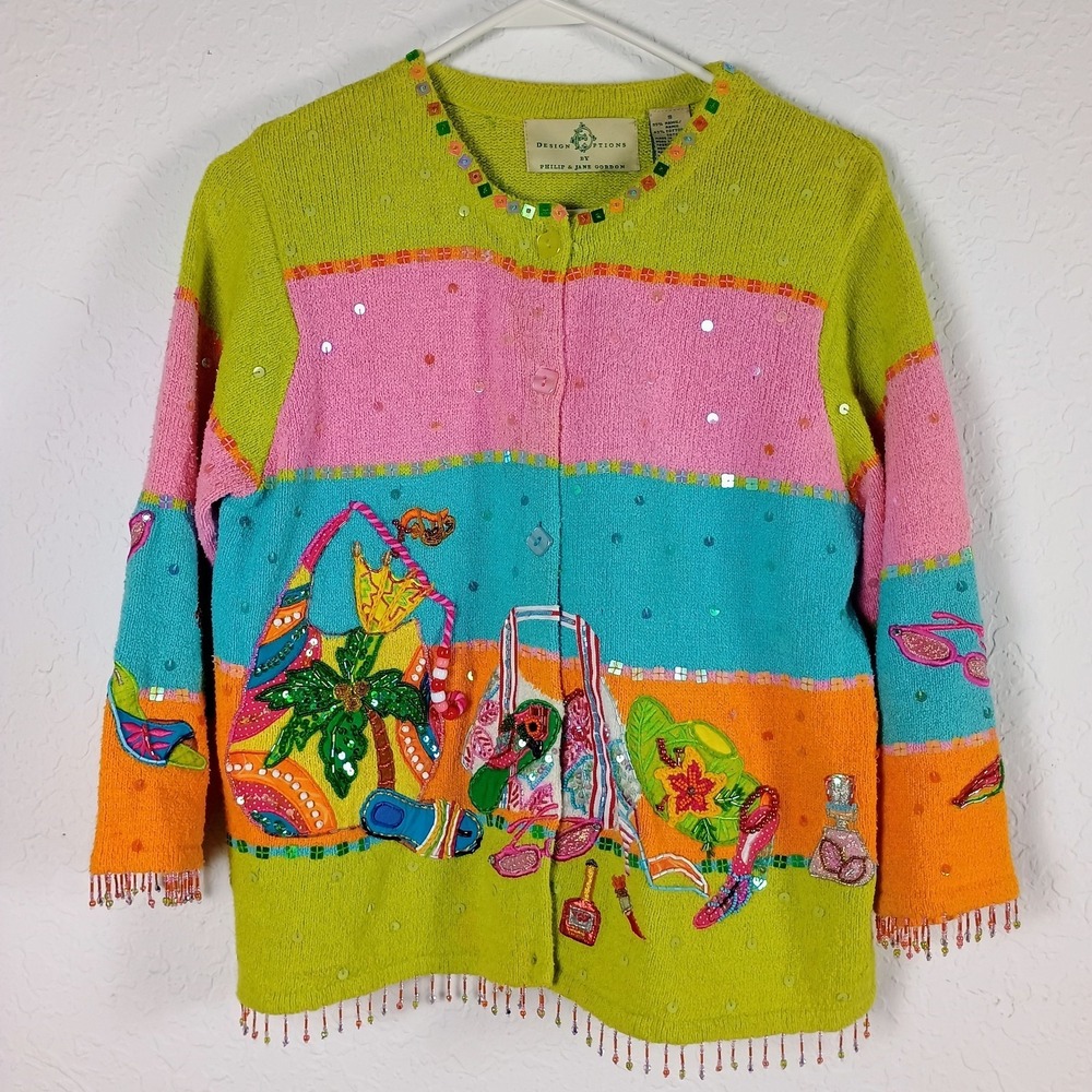 Design Options Gordon Beaded Tropical Cardigan Sweater Women S Colorful Beach
